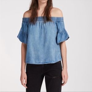 AllSaints Adela Chambray Top denim off the shoulder ruffle short sleeve large